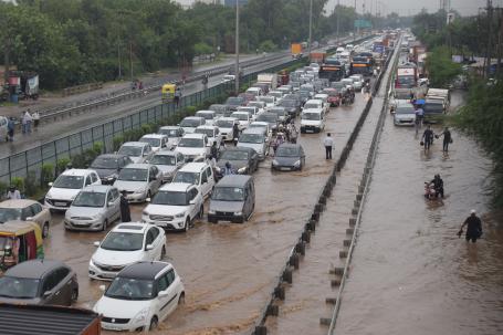Heavily flood streets in Haryana, India