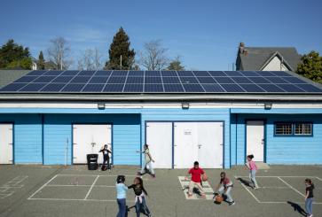 Rooftop solar panels on Harbor House, a community center