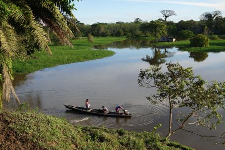 Three people in a canoe on the Amazon river surrounded by bright green forest.