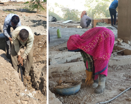 Side-by-side images of Indian construction workers laboring at building sites. 